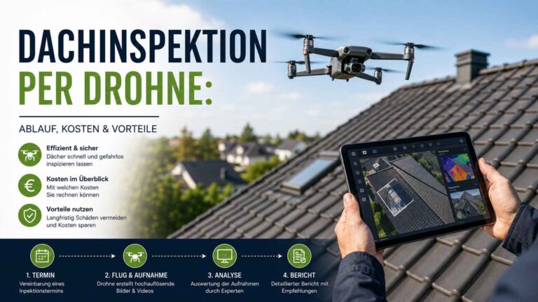 Drohne bei der Dachinspektion eines Wohnhauses mit digitaler Auswertung der Dachaufnahmen auf einem Tablet.